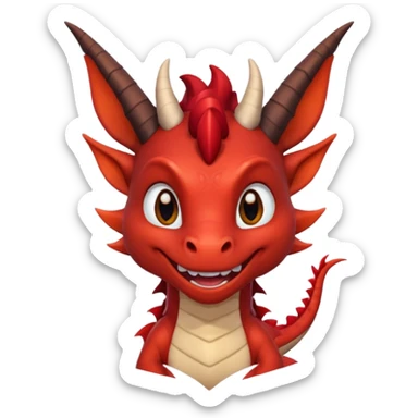 Cute Red dragon smile.  dark horns, pointed ears. Brown mane hair. Head only, Headshot sticker