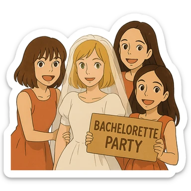 bachelorette party group of 4 girls, one with brown hair, blue eyes, fringe; two with brown hair; one bride with green eyes, blonde shoulder-length hair sticker
