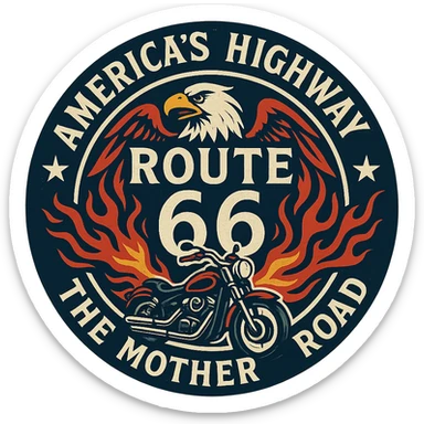 circular design for motorcycle cap, transparent background, text 'AMERICA'S HIGHWAY - ROUTE 66 - THE MOTHER ROAD', motif: motorcycle, flame, eagle, American style sticker