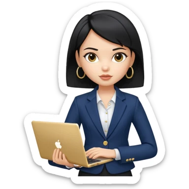 a pretty bratz girl with straight black short hair wearing a dark blue blazer and carrying a laptop. gold small hoops sticker