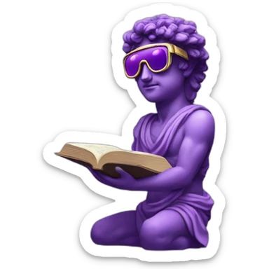 an EMOJI OF A ancient young greek statue reading a book, wearing VR glasses, purple colors, DIGITAL UNIVERSE sticker
