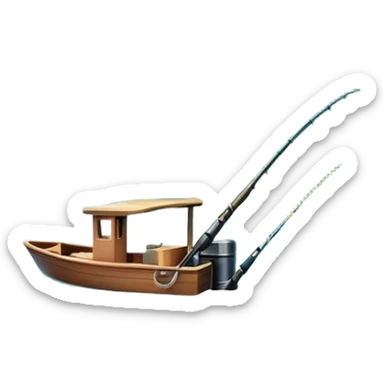 Icon for Fishing Travel: a boat on a calm lake surrounded by mountains and lush greenery, with fish jumping out of the water, a fishing rod, tackle box. The icon should capture the peaceful and adventurous nature of fishing trips. Transparent background. sticker