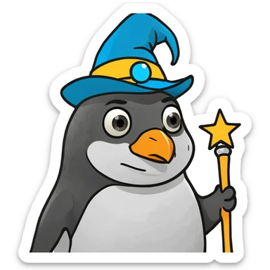A penguin that has a wizard hat and wand sticker