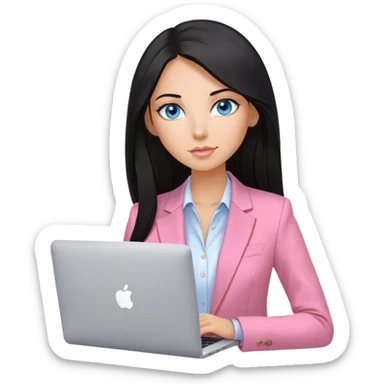 Beautiful russian girl, blue eyes, nude lips, tan, straight, smooth, long black hair, pink blazer, working with MacBook sticker