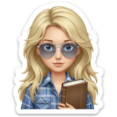 girl with long blond messy hair wearing grey plaid shirt with blue eyes and aviator sunglasses wearing a ring on her silver necklace, holding law books sticker