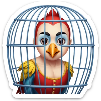 a circus member who resembles a bird trapped in a cage sticker