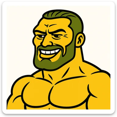 Create a gigachad emoji inspired by the reference image of a muscular man with a chiseled jawline and confident smile, in the style of the green bufo frog meme. The emoji should be simplified and expressive, capturing the essence of the bufo frog meme style. sticker