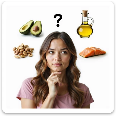 realistic woman with doubtful expression, surrounded by realistic icons of healthy fats (avocado, olive oil, nuts, salmon), question mark above head, hyperrealistic details, natural light, PNG without background, variant 3 sticker