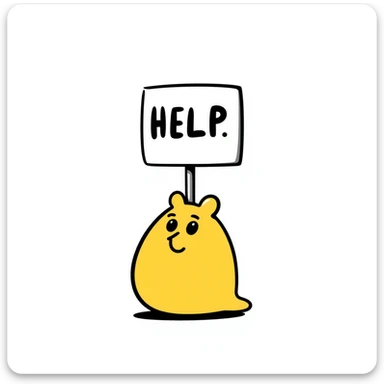 little yellow blob guy holding a sign that says 'help' sticker