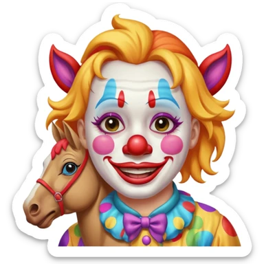 a crying but smiling and showing a peace sign clown face riding a horse sticker