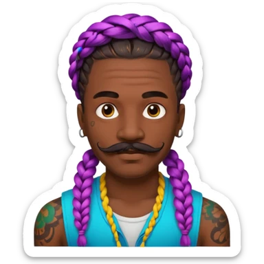 big lose braids starting from the top of the head man with mustache face wiith big visible braids and lots and lots of face tattoos colored tattoos like a tattoo artist hair unique color sticker