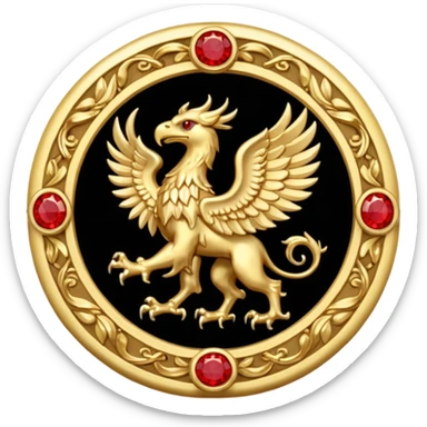 Golden griffin crest / brosch in a circle with red gems and no background sticker