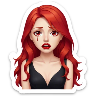 a crying woman with long red hair and red eyes. The woman wear a black little cutted dress. She have red lipstick and she have a seductive look. She cry tears sticker