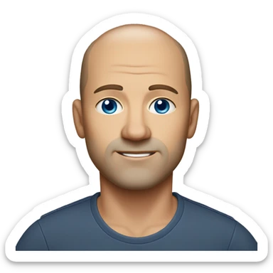 45-year-old man with a slightly round face, very short, almost shaved hair with a small central crest. He has blue eyes, subtle stubble. Only his head sticker