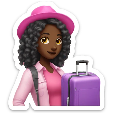Black girl with long hair who loves to travel with pink luggage sticker