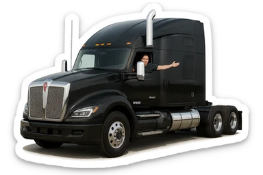 2026 Kenworth W680 semi sleeper, black with chrome stack, person in the cab with arm out the window, realistic and sharp, transparent background sticker