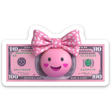 $100 bill, 3D emoji style, alternating pink and white patterns, girly, with a bow instead of a smiley face sticker