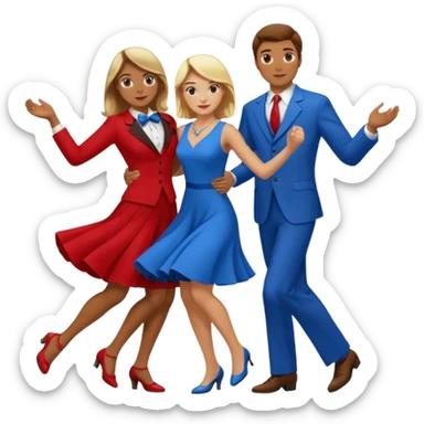 Two people. Man wearing all  RED with brown hair. Women  ALL blue with blond hair. Swing Dancing.  sticker