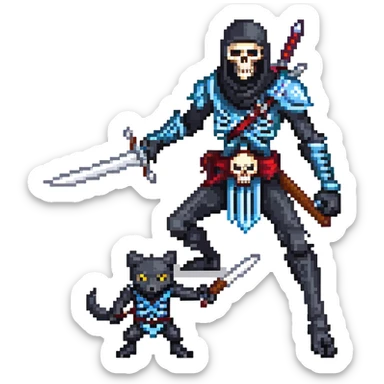 pixel art ninja skeleton wielding swords, accompanied by a fierce black wolf sticker