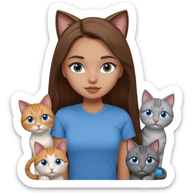 a pretty bratz dusky light skin girl with long brown hair, blue eyes with six cats nd wearing a grey tshirt sticker