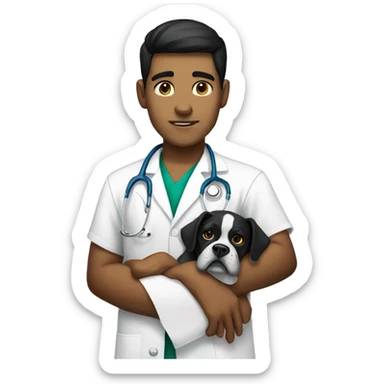 Young Mexican doctor with big black boxer dog with white face sticker