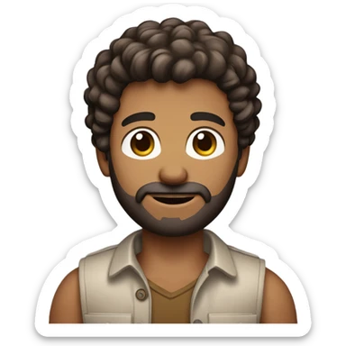men holding his computer in hands. light brown skin men with curly dark brown hair, brown eyes, little grown beard. ust a tiny bit muscular. dressed casual. round face. sticker