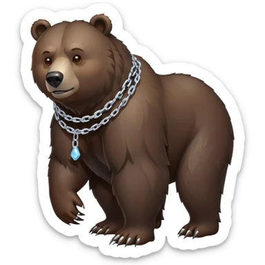 Full-length dark bear with detailed fur, on all four legs, wearing only a clean simple ice chain collar, no pendants or attachments sticker