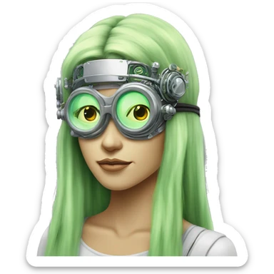 Light green long hair female cyborg head with silver steampunk goggles as a headband, circuits sticker