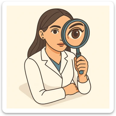 Front view of a female doctor with dark long straight hair and detailed brown eyes (not just dots), wearing a white coat, in 2D isometric style with a minimalist background. She is looking straight into the camera through a magnifying glass, both eyes visible, with one eye enlarged and distorted like a fisheye lens. Appearance matches the reference. sticker