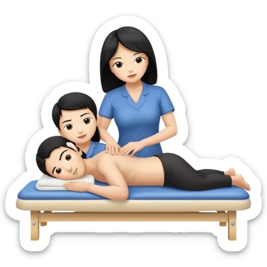 Extrenwly Large breasted asian woman with black hair woman gives a massage to a blonde boy on a massage table sticker