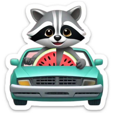 A raccoon with a watermelon behind the wheel of a car and a spanner sticker