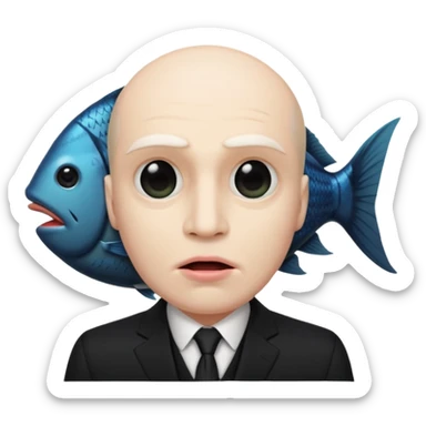 A man dressed in a black suit. His face is that of a fish — therefore, he has no human face. The fish’s face is positioned vertically, meaning its mouth is facing upward. sticker