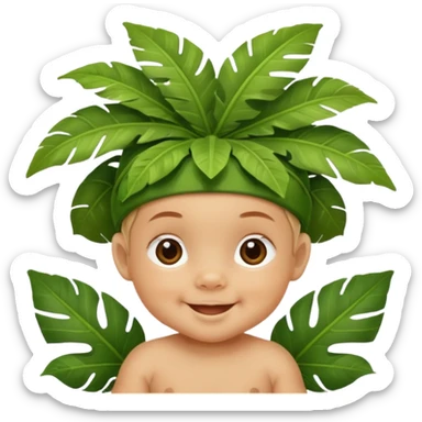 a baby with jungle wearing a large leaf headgear bye  sticker
