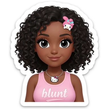Long giant lashes, my melody hairclip, Doll faced shaped, hello kitty necklace, bimbo, black doll eyes, barbie, dark brown skin with curly black hair, light pink bimbo sleeveless shirt says "blunt" , big breast sticker