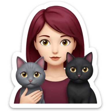 femme au cheveux court bordeau avec chat poils longs gris et chat poils ras noirs sticker