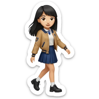 black color long hair with fringe, light skin long hair girl with brown varsity jacket,  navy long skirt walking

 sticker