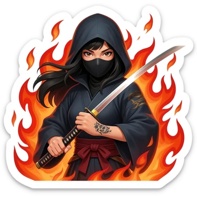 Girl, ninja, katana,fire, brown eyes, long hair, black hair, mask, left hand have heart. sticker