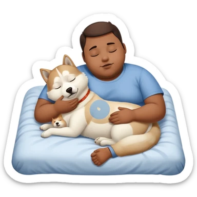 Obese brown man with white husky sleeping in bed  sticker