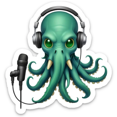 Cthulhu with headphones and microphone recording audio as a sound engineer sticker