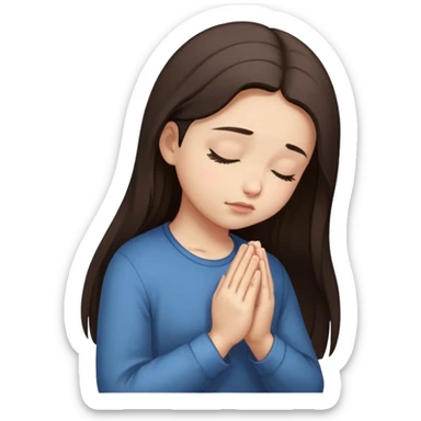 Girl long dark brown hair light medium skin pray head bowed eyes closed regular clothes sticker