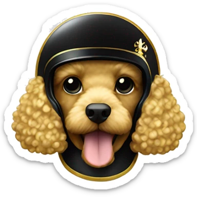 Gold poodle wearing a black football helmet with gold stripe and gold fleur de lis emblem sticker
