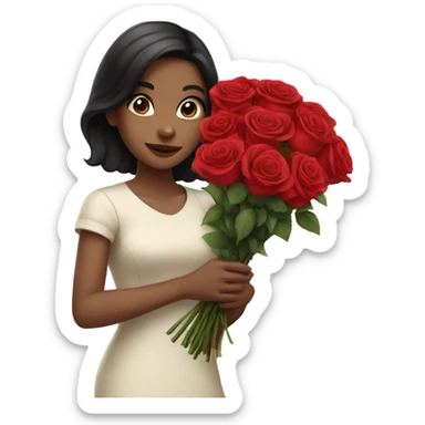 girl with black hair holding a bouquet of roses sticker
