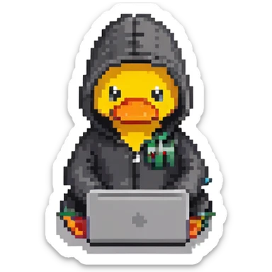 black rubber duck with tiny hoodie and a laptop, hacker sticker