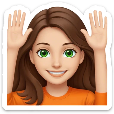 smiling girl with long brown hair, middle hair split, waving, green eyes, orange shirt sticker