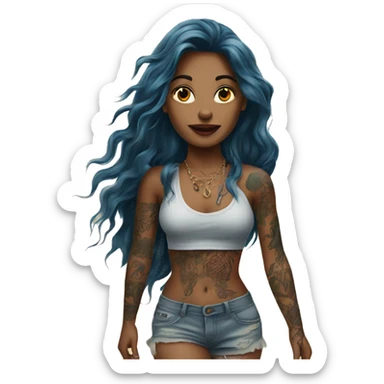 Beautiful tattooed  burgundy long haired woman walking on the beach sticker