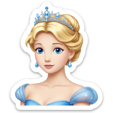 Cinematic Stunning Cinderella Portrait Emoji, Radiant in her sparkling blue ball gown, golden hair in a perfect updo, soft blue eyes full of wonder, glistening tiara, glowing with an ethereal beauty, regal yet kind, a dreamlike aura surrounds her, capturing the essence of a fairy tale princess, elegant and breathtaking! sticker