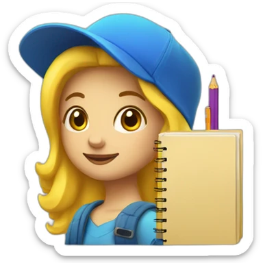 a girl with yellow hair in a blue hat with a yellow mallow holds a pen and a notebook in her hand sticker