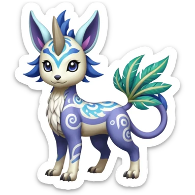 Tropical Tiny Marked Patterned Tribal Colorful Skilled Adept Graceful Asian Painted Garurumon-Meloetta-Absol-Suicune-Cobalion-fusion-hybrid-creature (full body) sticker