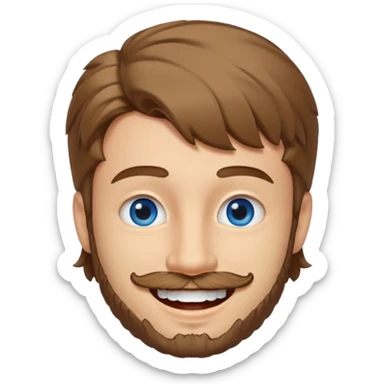 25 year old man, short scruffy beard and sparse moustache, brown puffy mullet, blue eyes, big smile, white teeth, big lips, pronounced jaw sticker