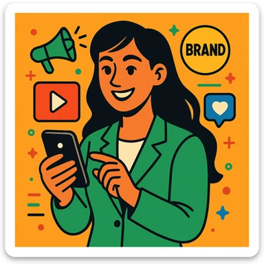 female brand marketer with long black hair, dressed in green, smiling and holding a smartphone, symbolizing content creation and social media reels, vibrant professional style sticker